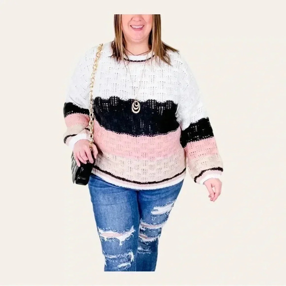 1221. BIBI TEXTURED SWEATER SIZE X-LARGE PINK/BLACK/TAN/WHITE IN COLOR BALLOON - Picture 5 of 13